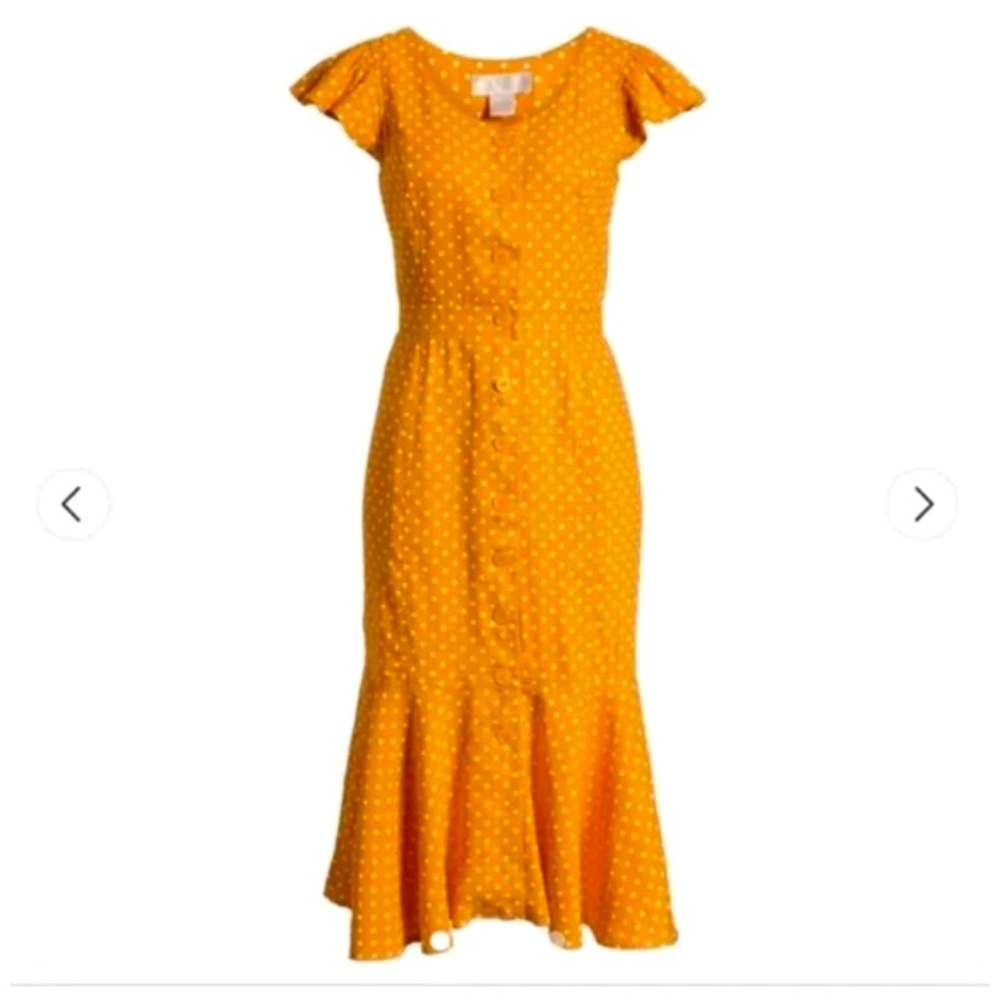 Rachel Parcell Linen Blend Polka Dot Button Front Midi Dress Orange Citrus S